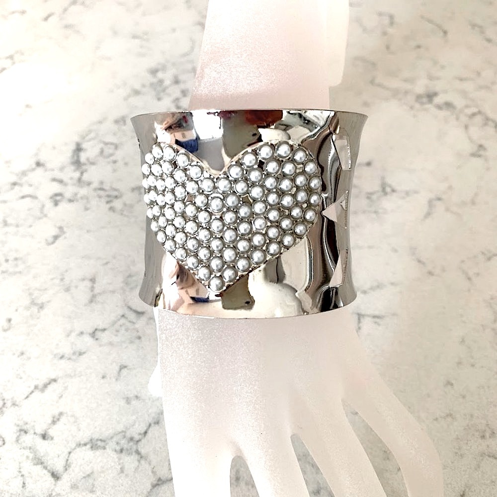 Heart Pattern Bracelet Wide Women Silver Color